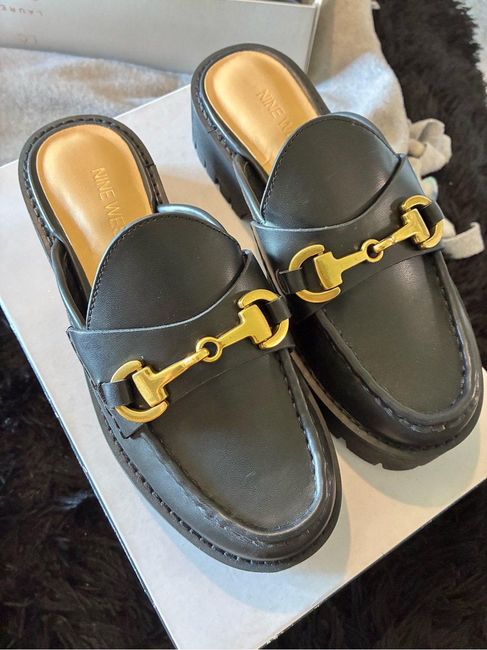 Nine West Black Leather Platform Mule with Gold Bit